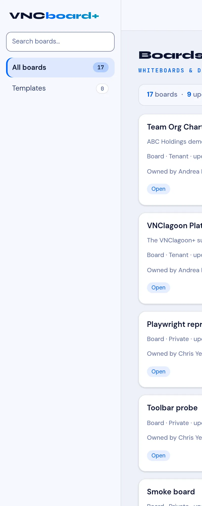 The VNCboard sidebar: search, All boards and Templates