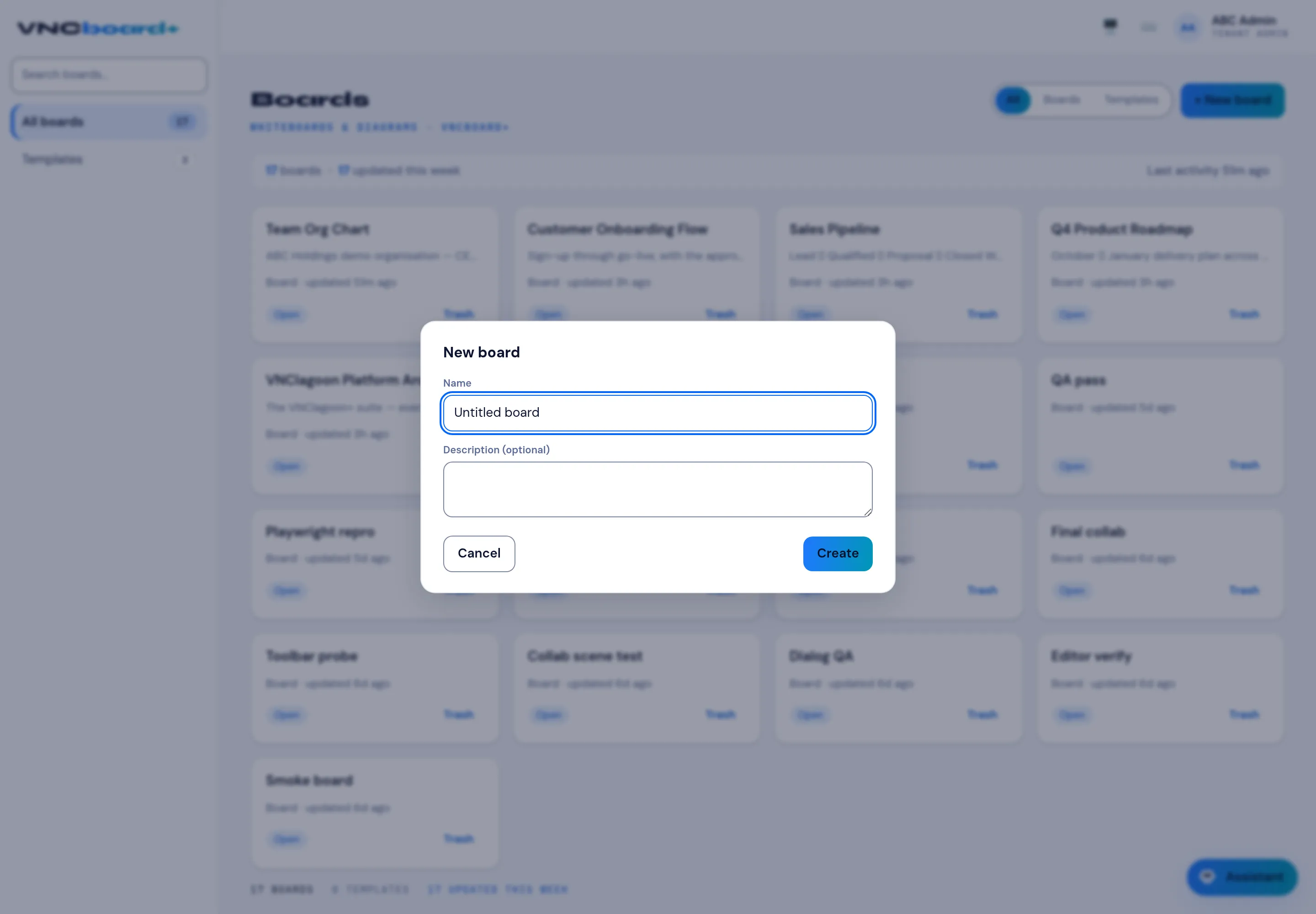 The New board dialog in VNCboard