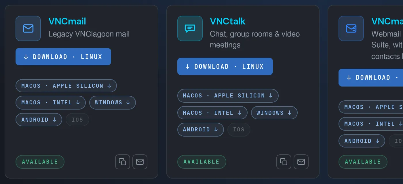 The VNCchannels card in the portal Clients page, with a download for Linux, macOS (Apple silicon and Intel) and Windows