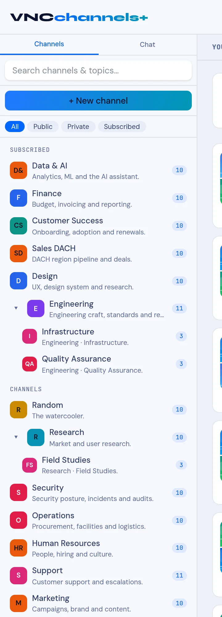 The VNCchannels sidebar: Channels/Chat tabs and the channel list, with the search box in the main header