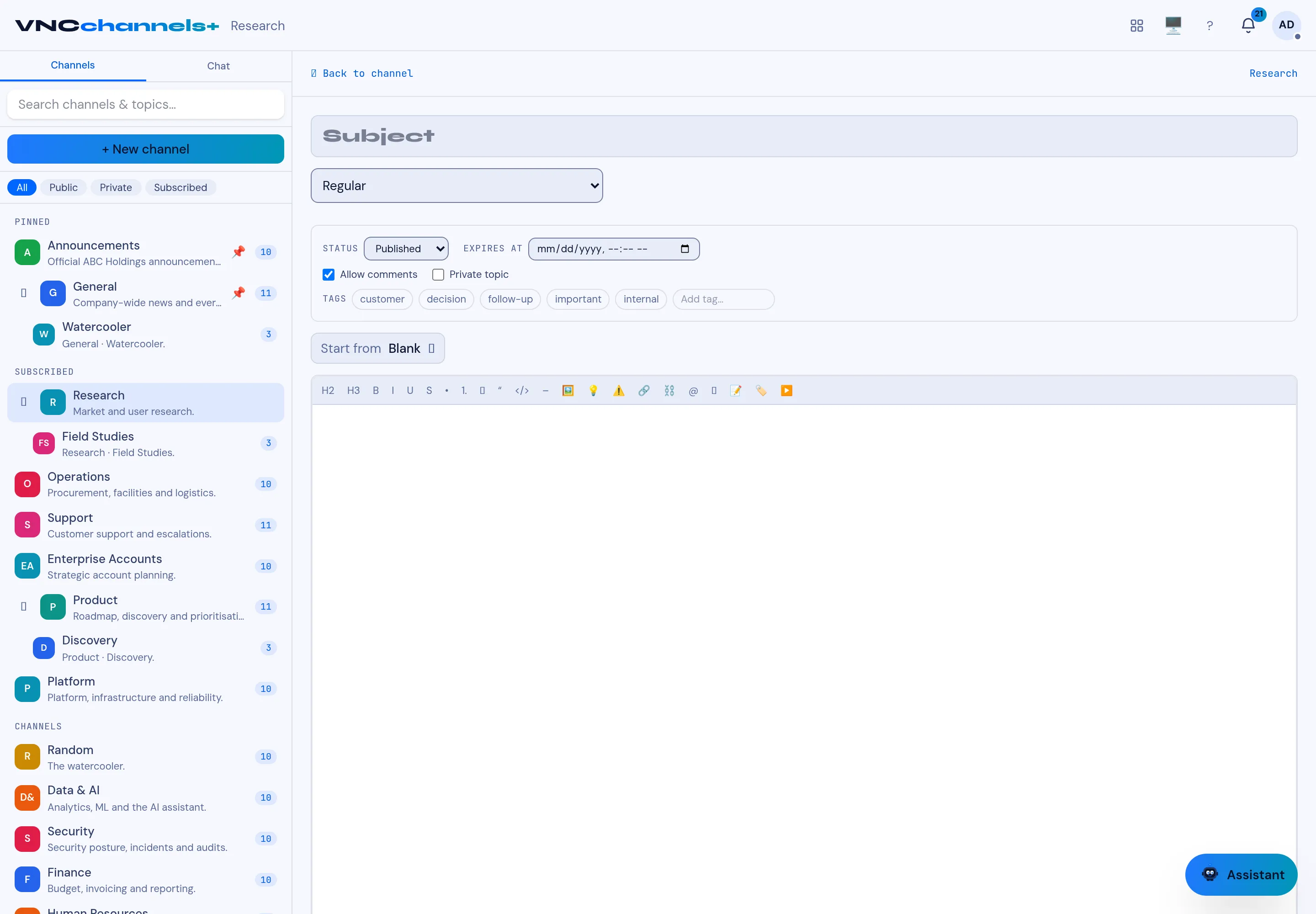 The New topic composer: subject, type, status, tags and body