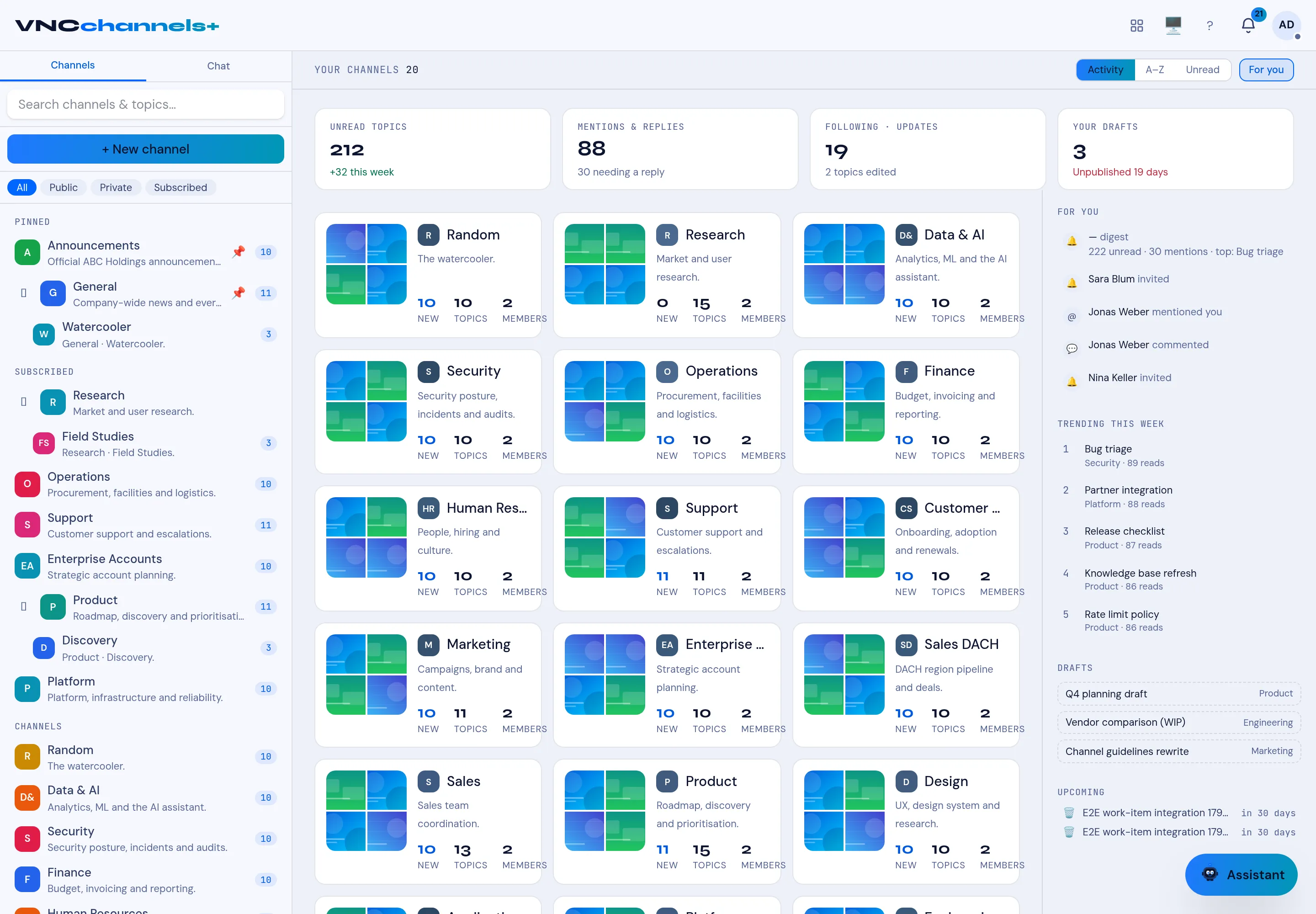 The VNCchannels home page: KPI band, channel cards and the For you rail