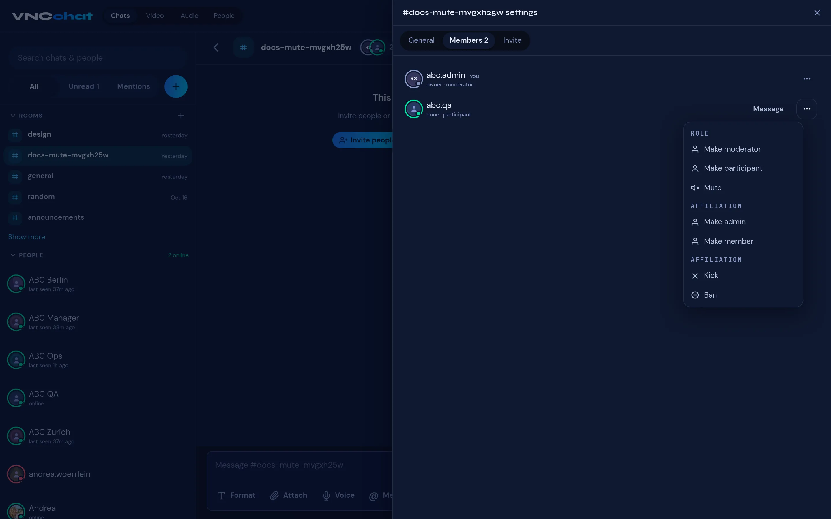The Members tab with the row menu open, showing Mute and Ban
