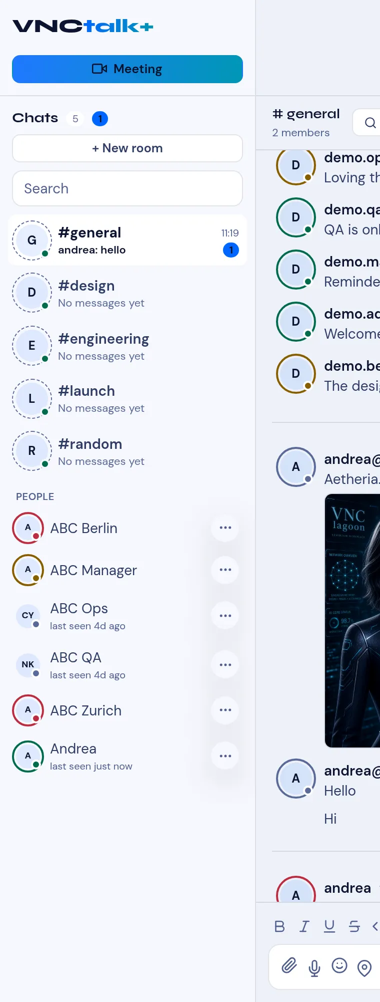 The VNCchat sidebar: Meeting, Chats with New room, search, rooms and People