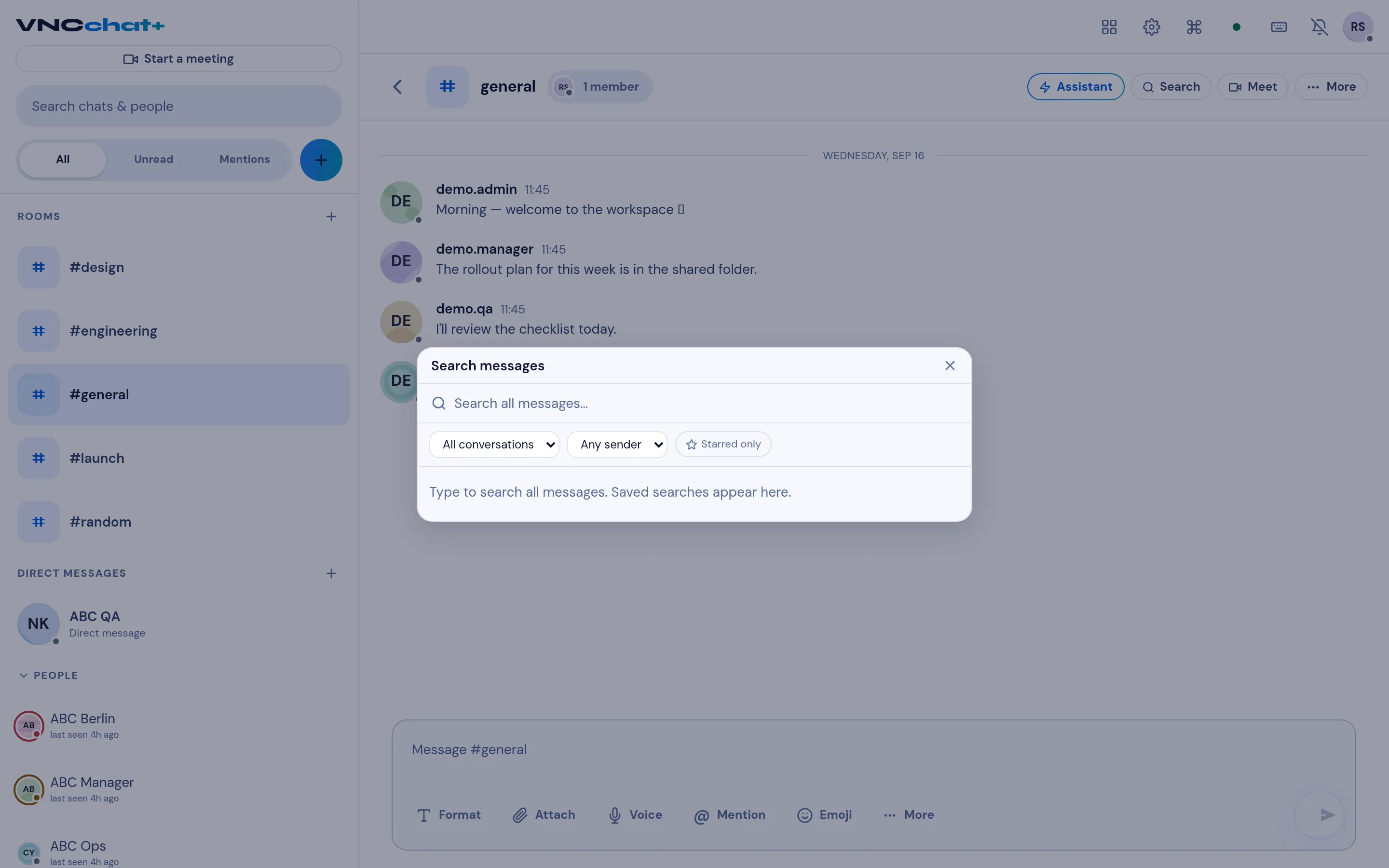 The search dialog with conversation, sender and starred-only filters