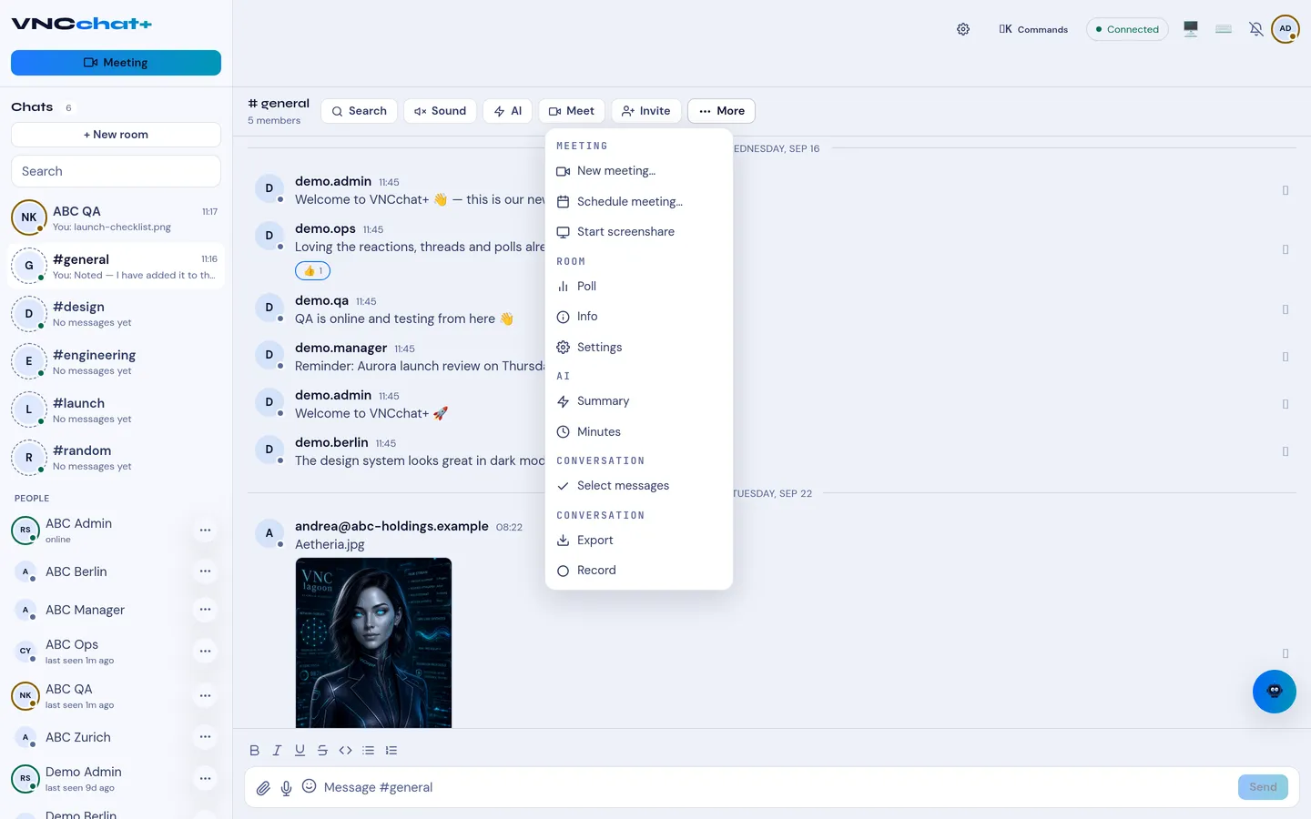 The room menu with Start screenshare under Meeting