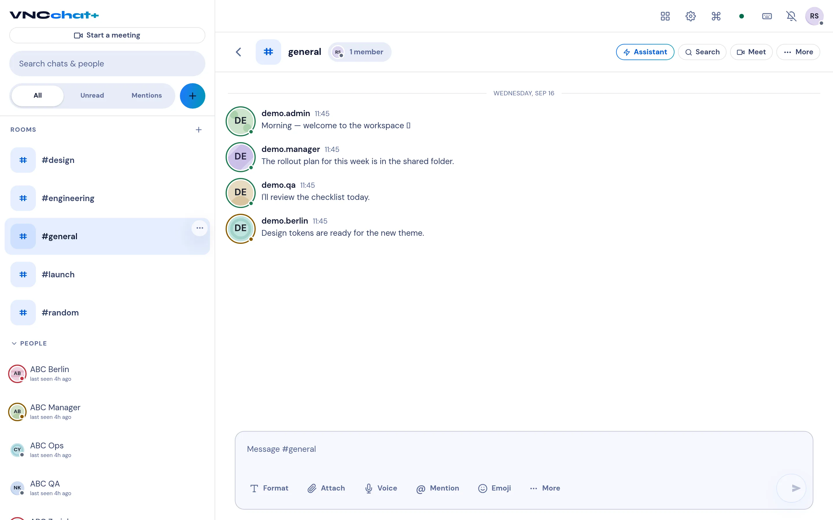 The VNCchat workspace: conversation and room list, People, and the message composer