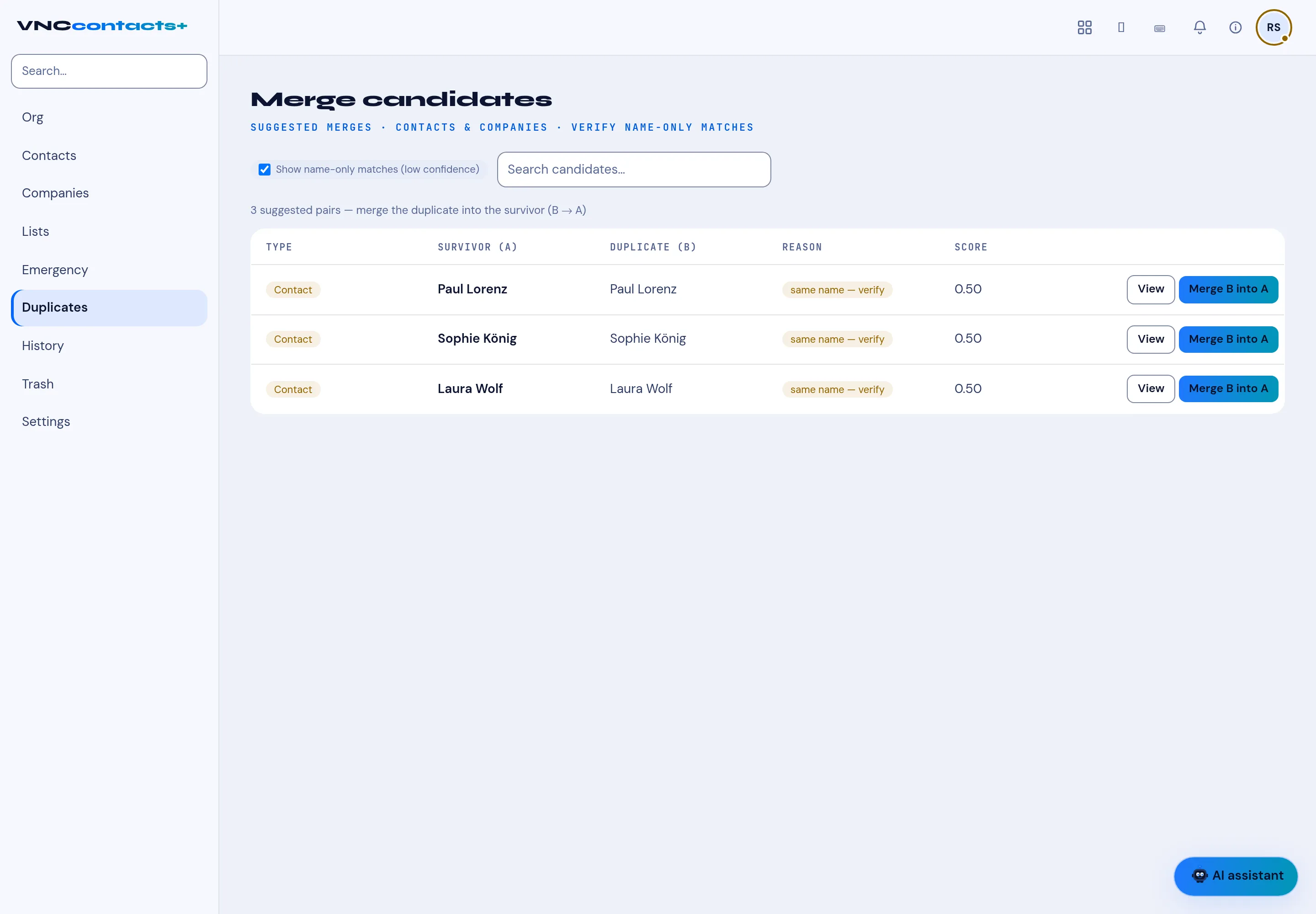 The Duplicates page with suggested pairs, reasons and merge actions