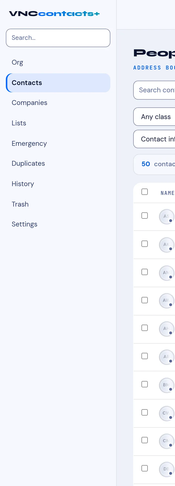 The VNCcontacts sidebar: Org, Contacts, Companies, Lists, Emergency, Duplicates, History, Trash, Settings