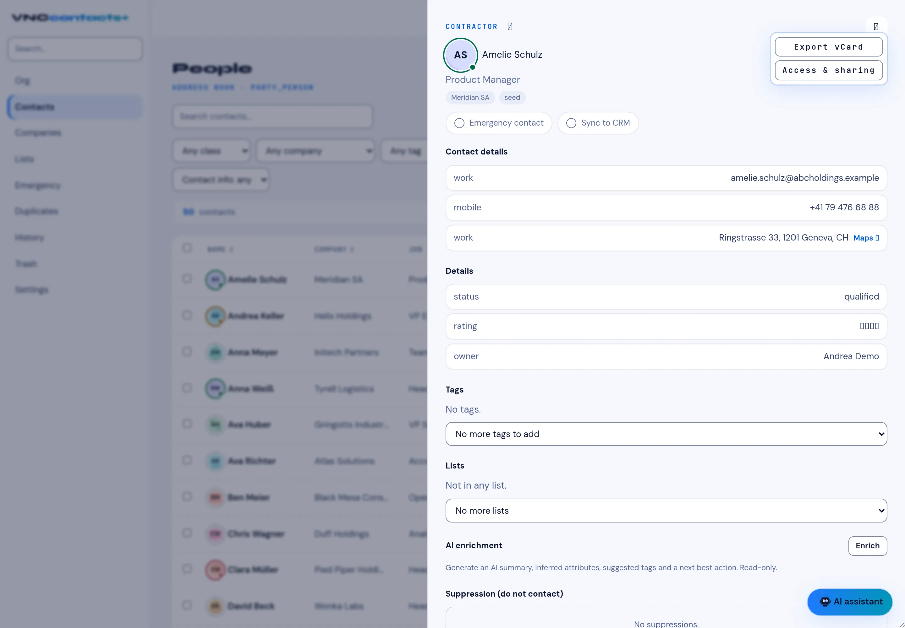 The ⋯ menu on a contact card, with Access & sharing
