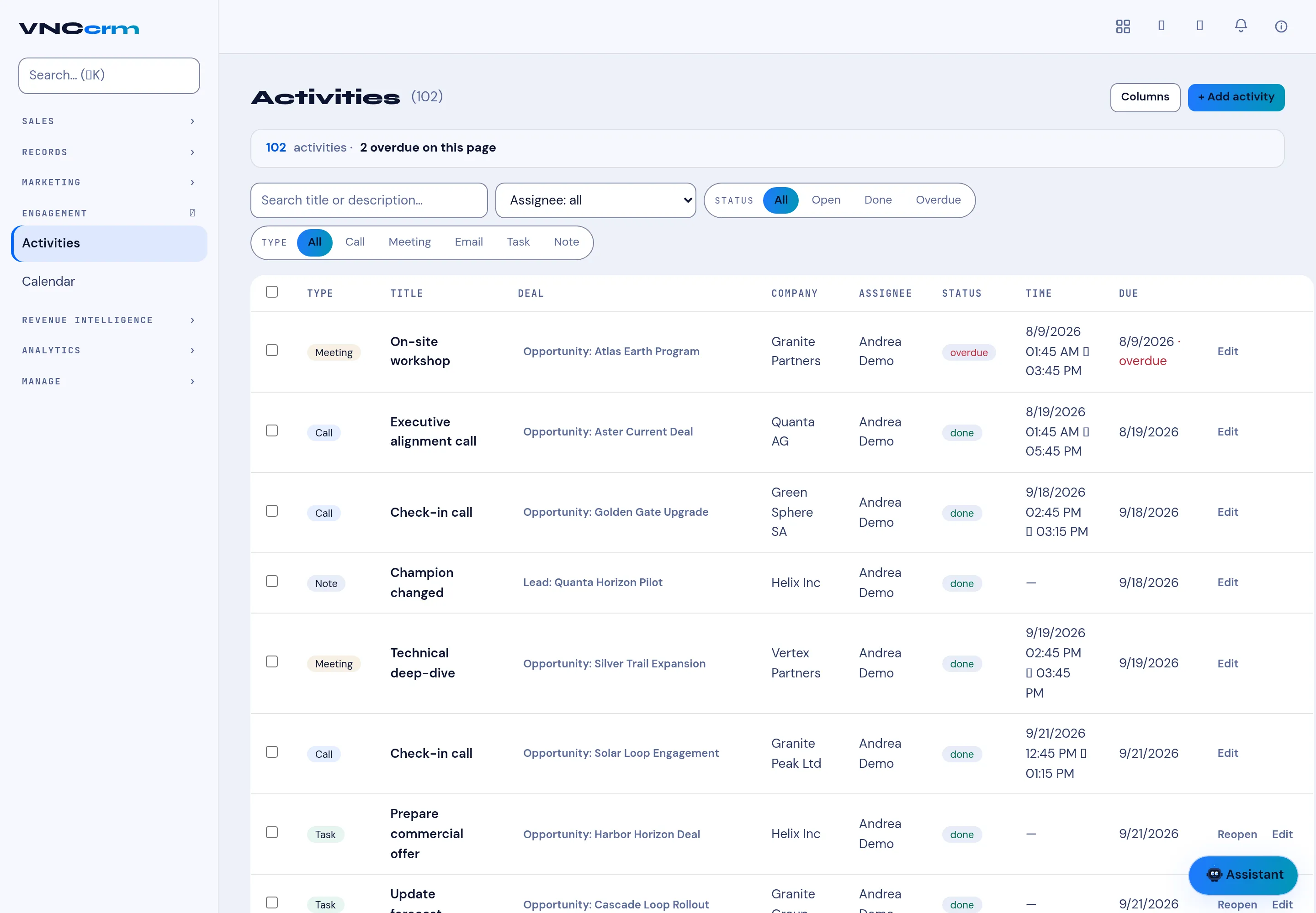 The CRM Activities list with type, deal, assignee, status and due date