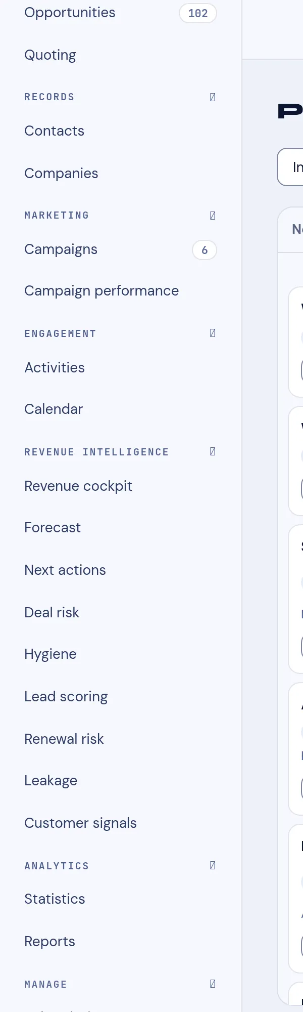 The VNCcrm left navigation with Sales expanded and the other groups