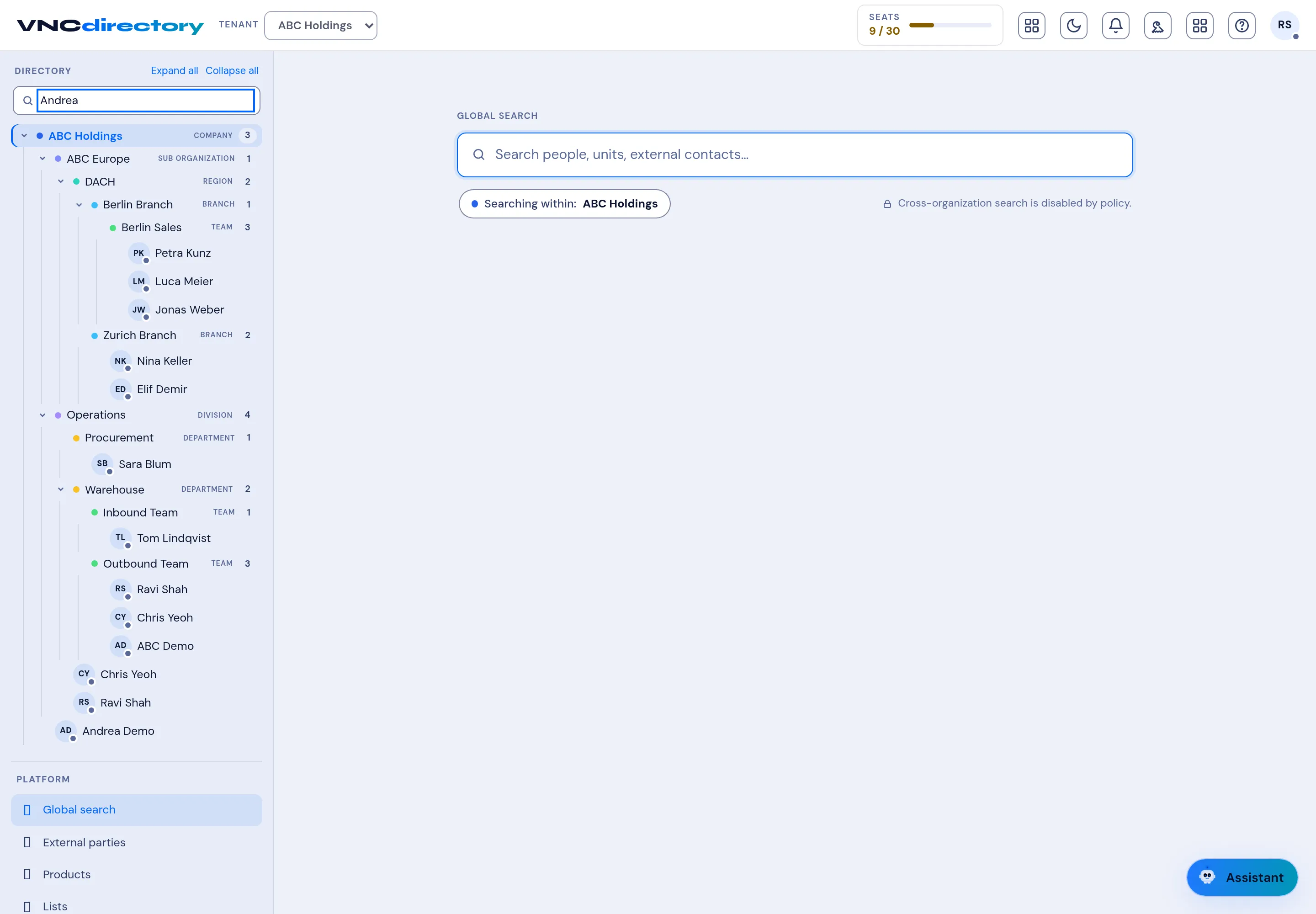 Global search in VNCdirectory, showing the search scope badge