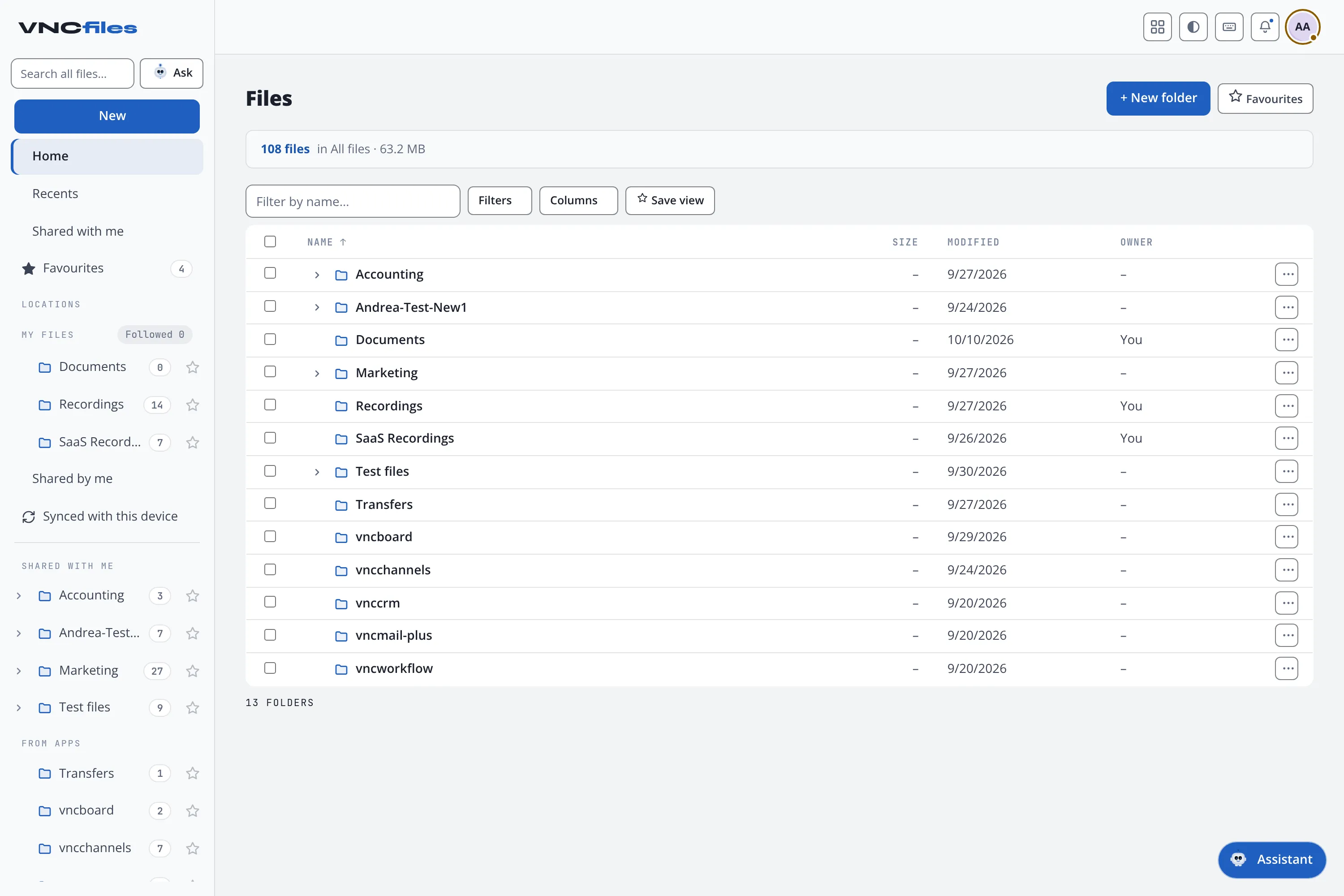 The VNCfiles sidebar and toolbar: New, the lenses, My files / Shared / Recent / Starred, Cloud storage and the Sync console