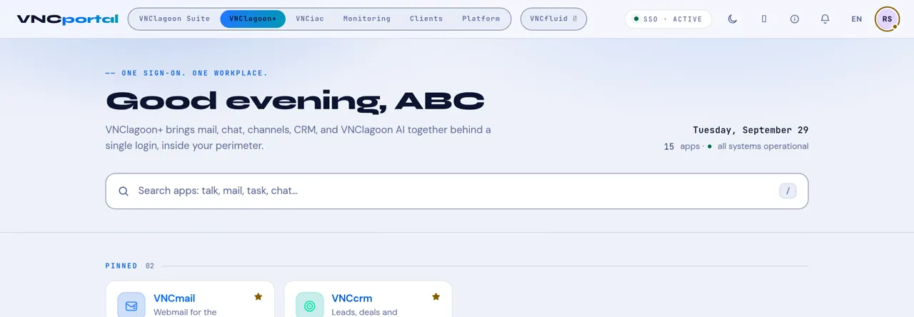 The VNClagoon portal — one sign-on, one workplace: search for an app and open it already signed in