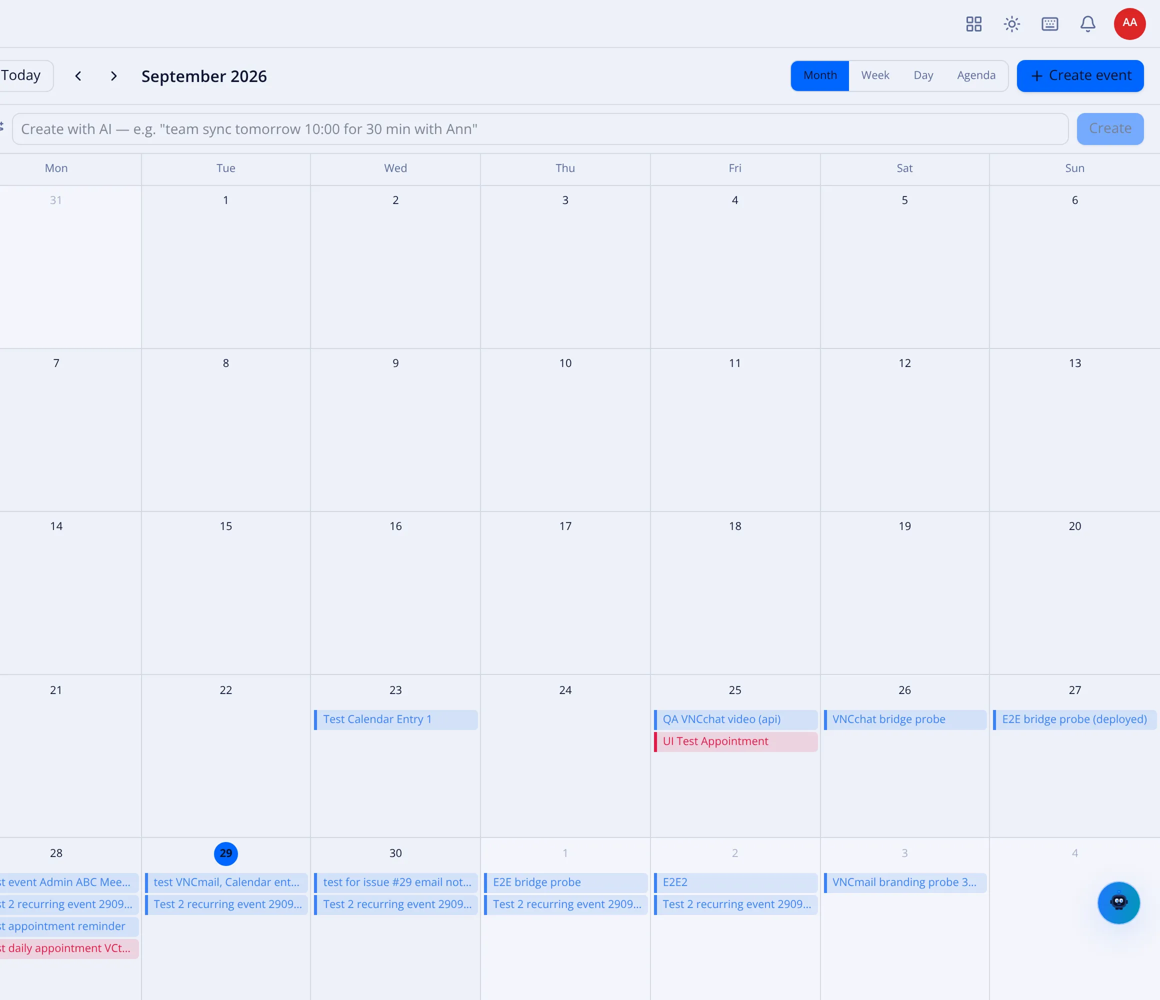The month calendar in VNCmail with events and the Create with AI bar