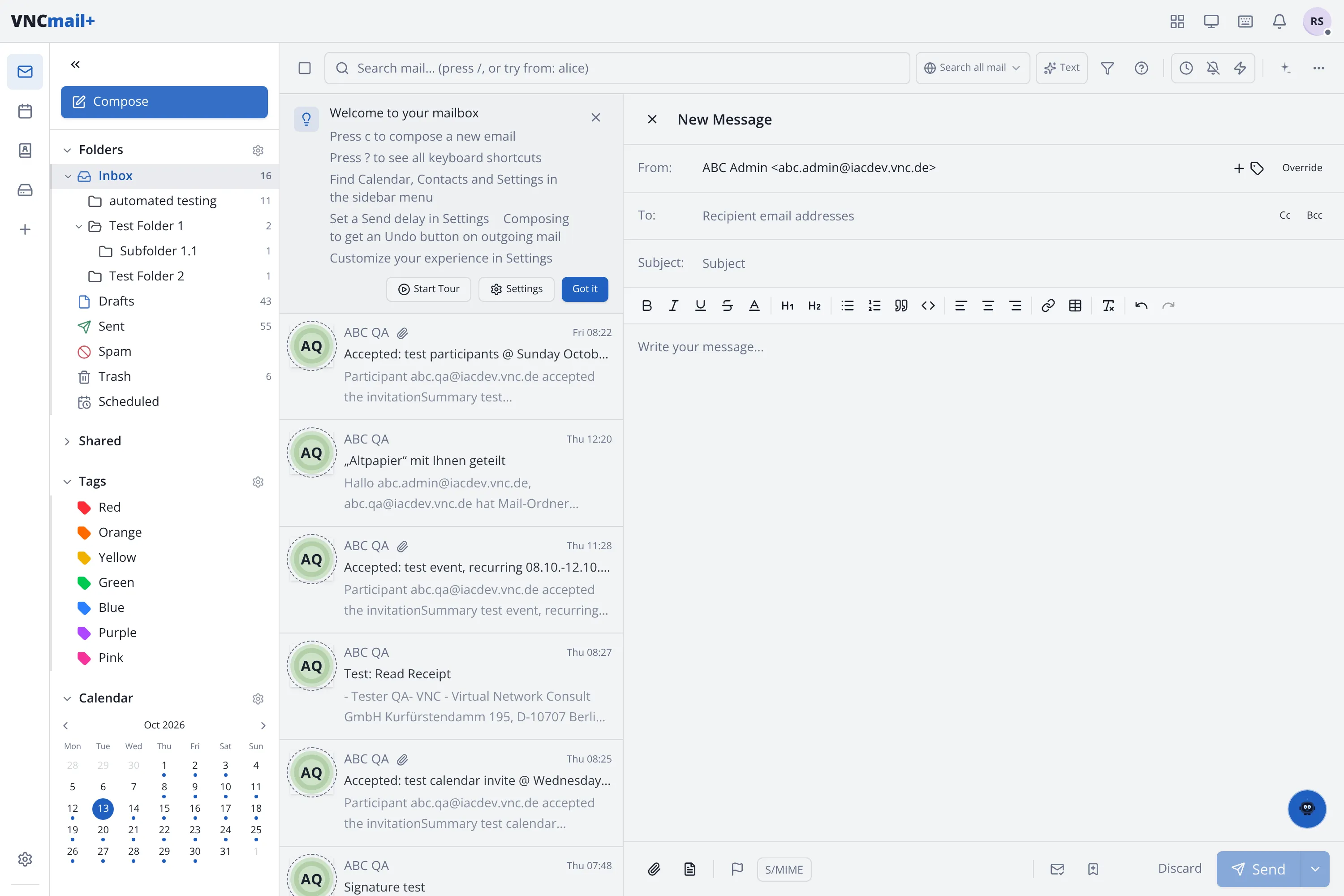 The compose window with From, To/Cc/Bcc, Subject, the formatting toolbar and the Attach/Drive/send footer