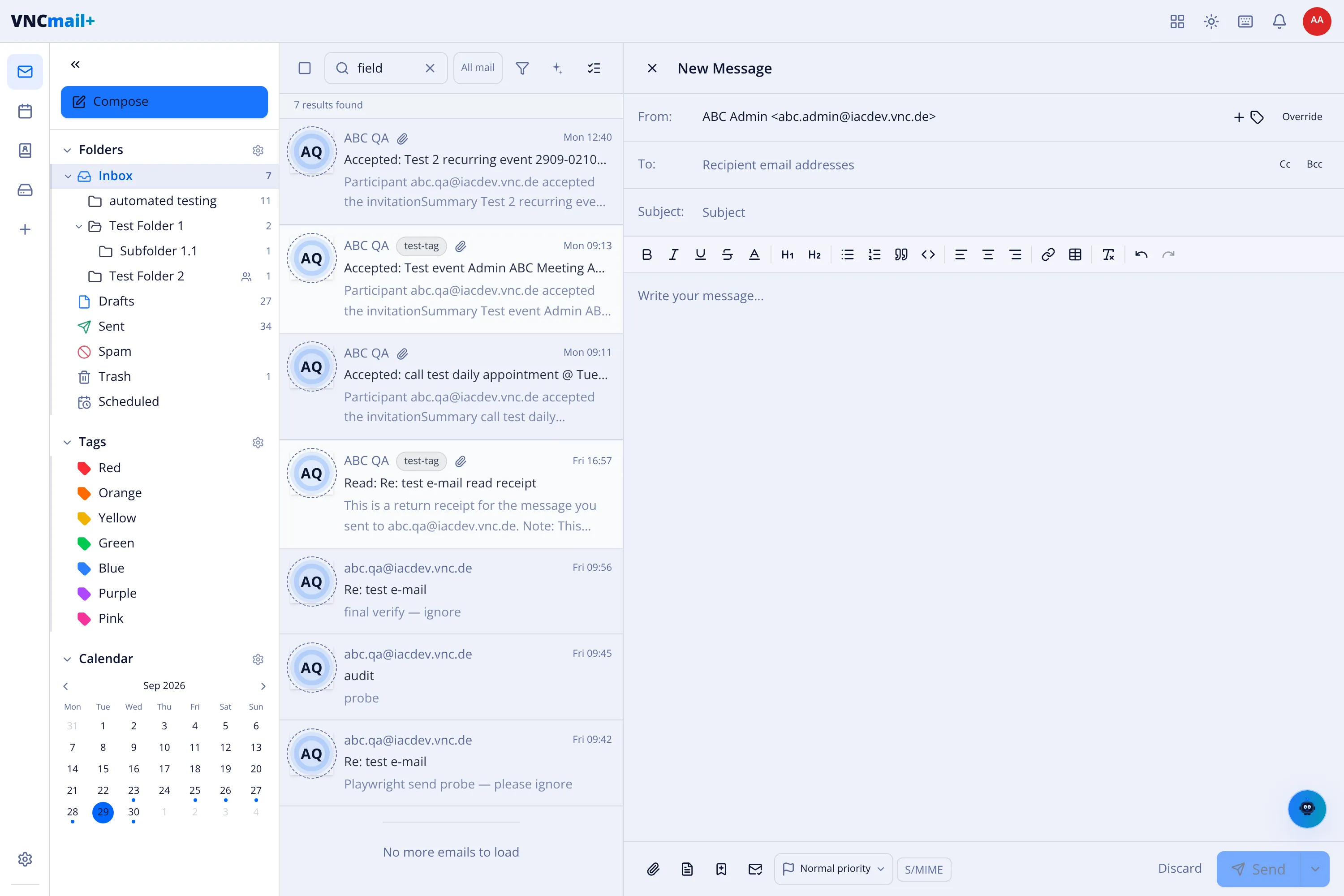 The VNCmail compose window with its toolbar and footer