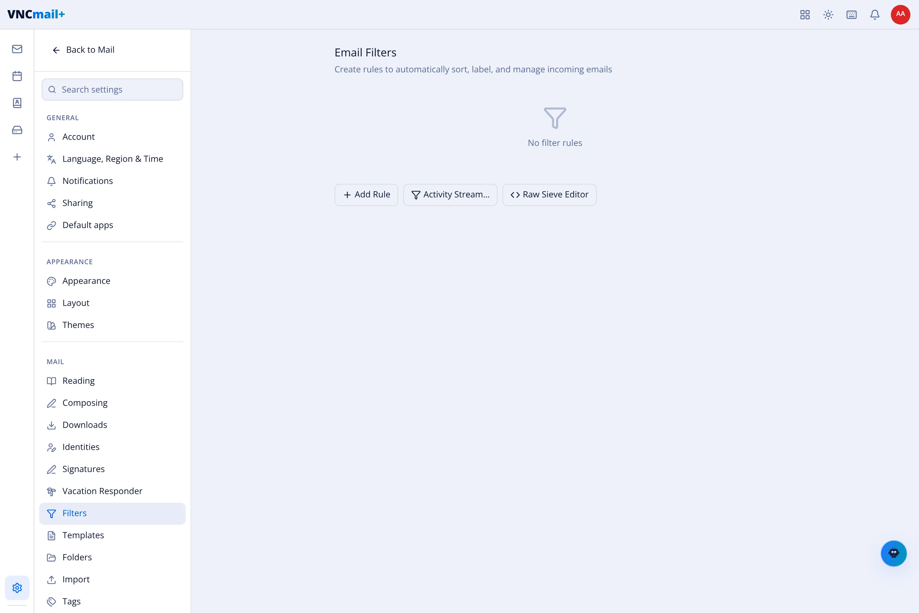 The Email Filters settings with Add Rule, Activity Stream and Raw Sieve Editor