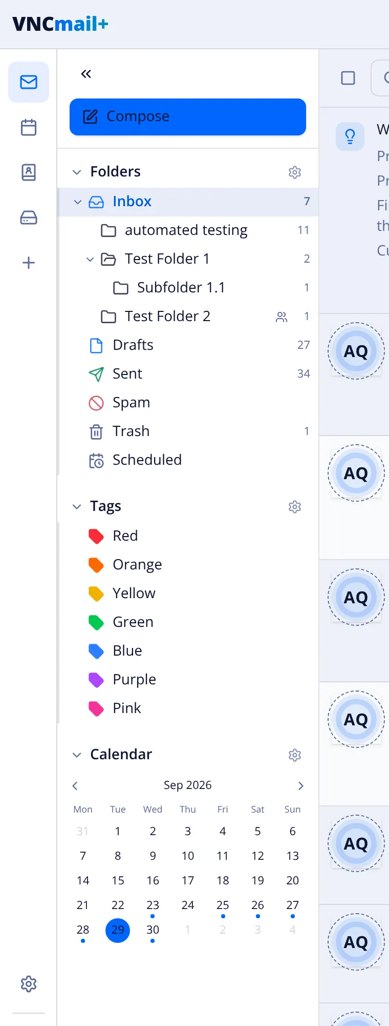 The VNCmail sidebars: app rail, Folders, Tags and the Calendar