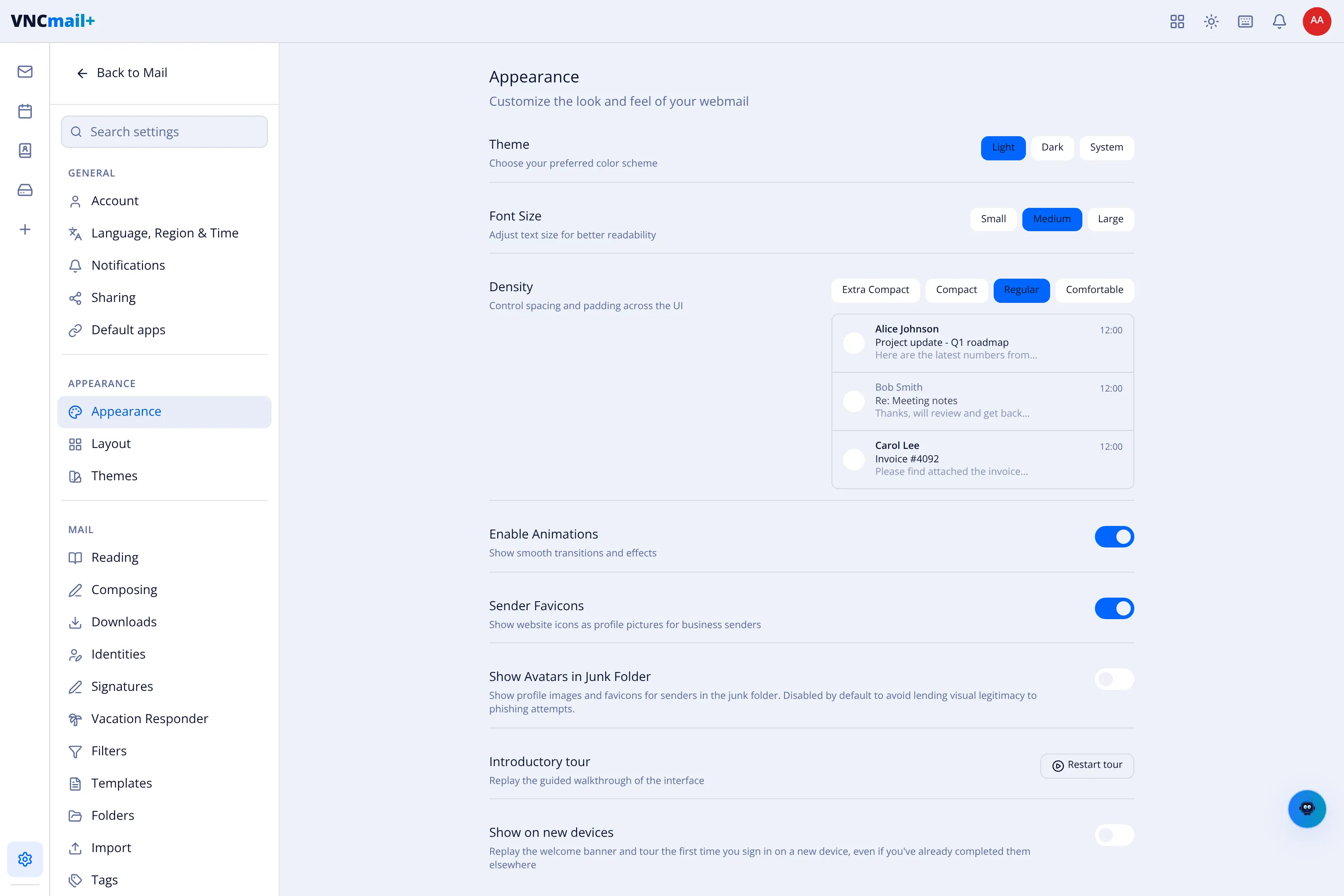The VNCmail settings with the Appearance section open