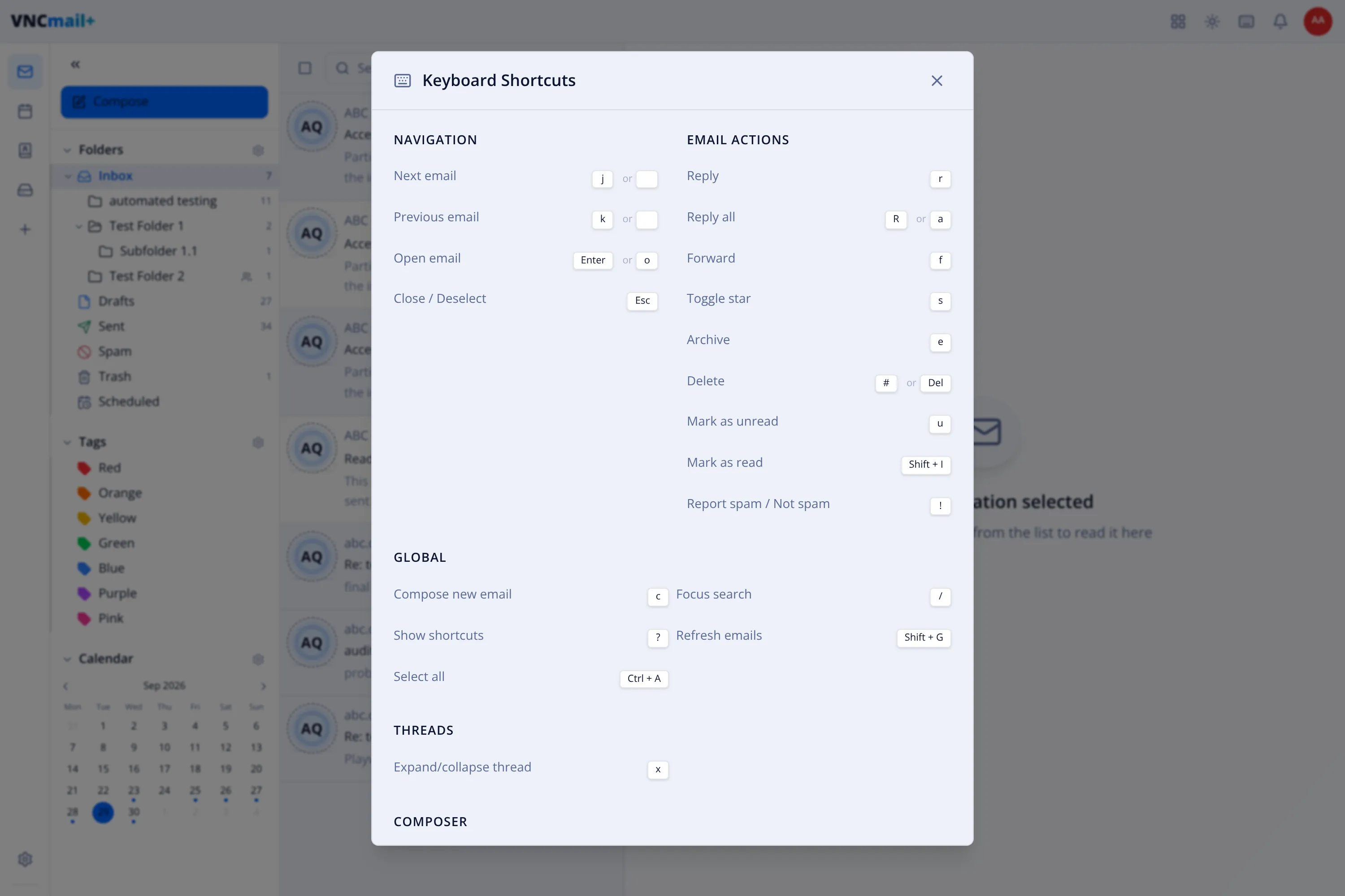 The Keyboard Shortcuts dialog in VNCmail