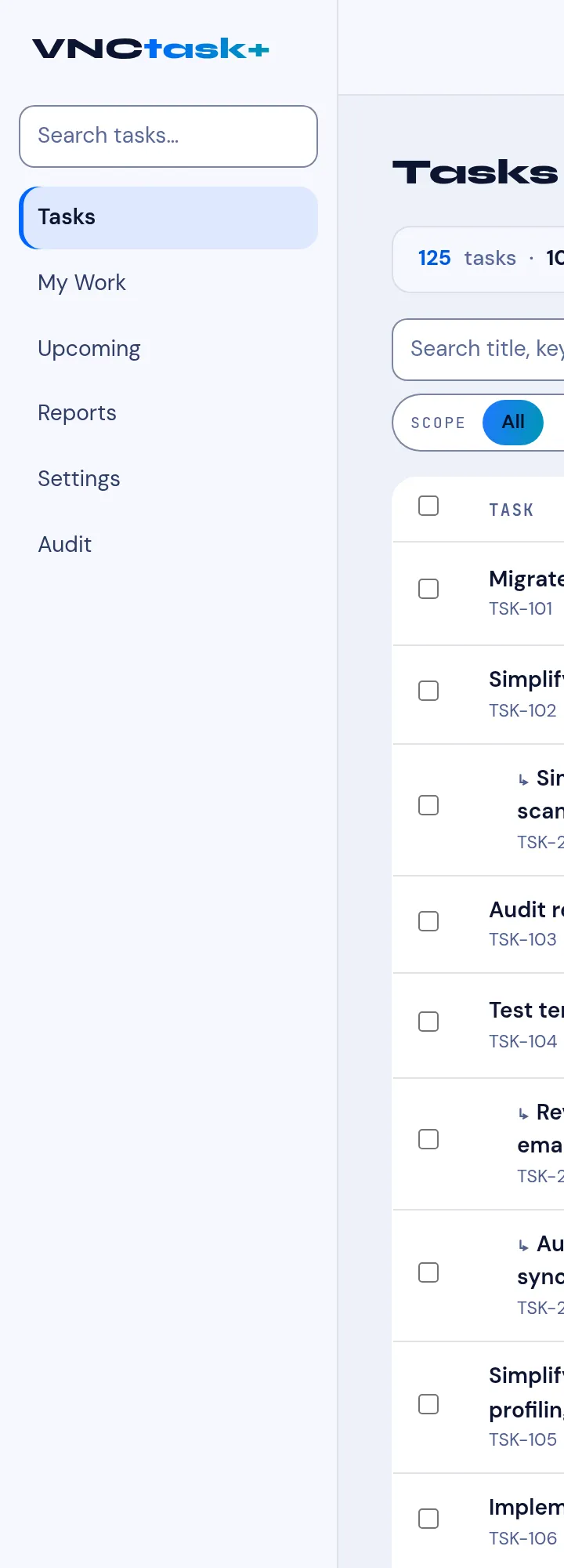 The VNCtask sidebar: Tasks, My Work, Upcoming, Reports, Settings, Audit