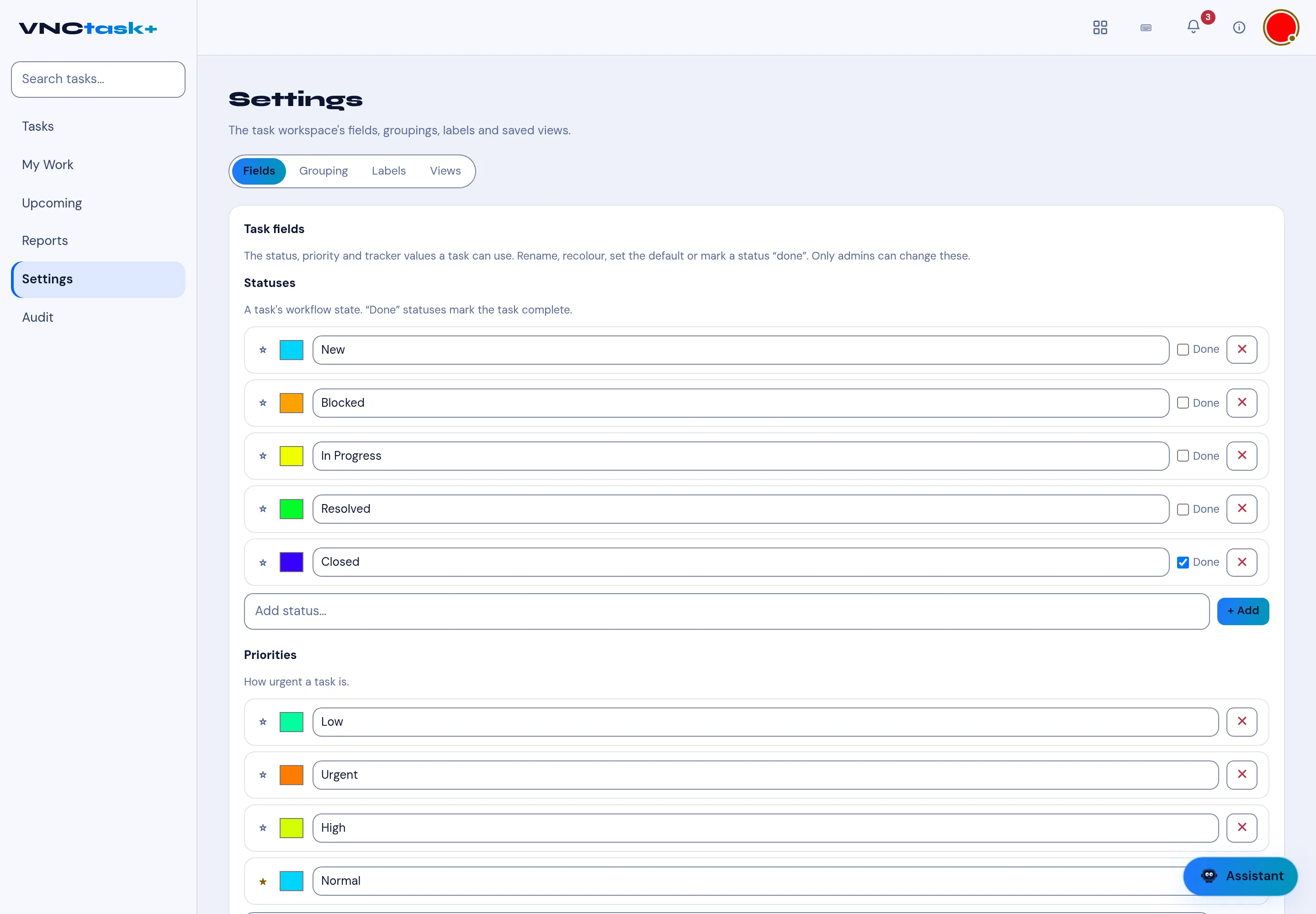 The Settings Fields tab with editable statuses and priorities
