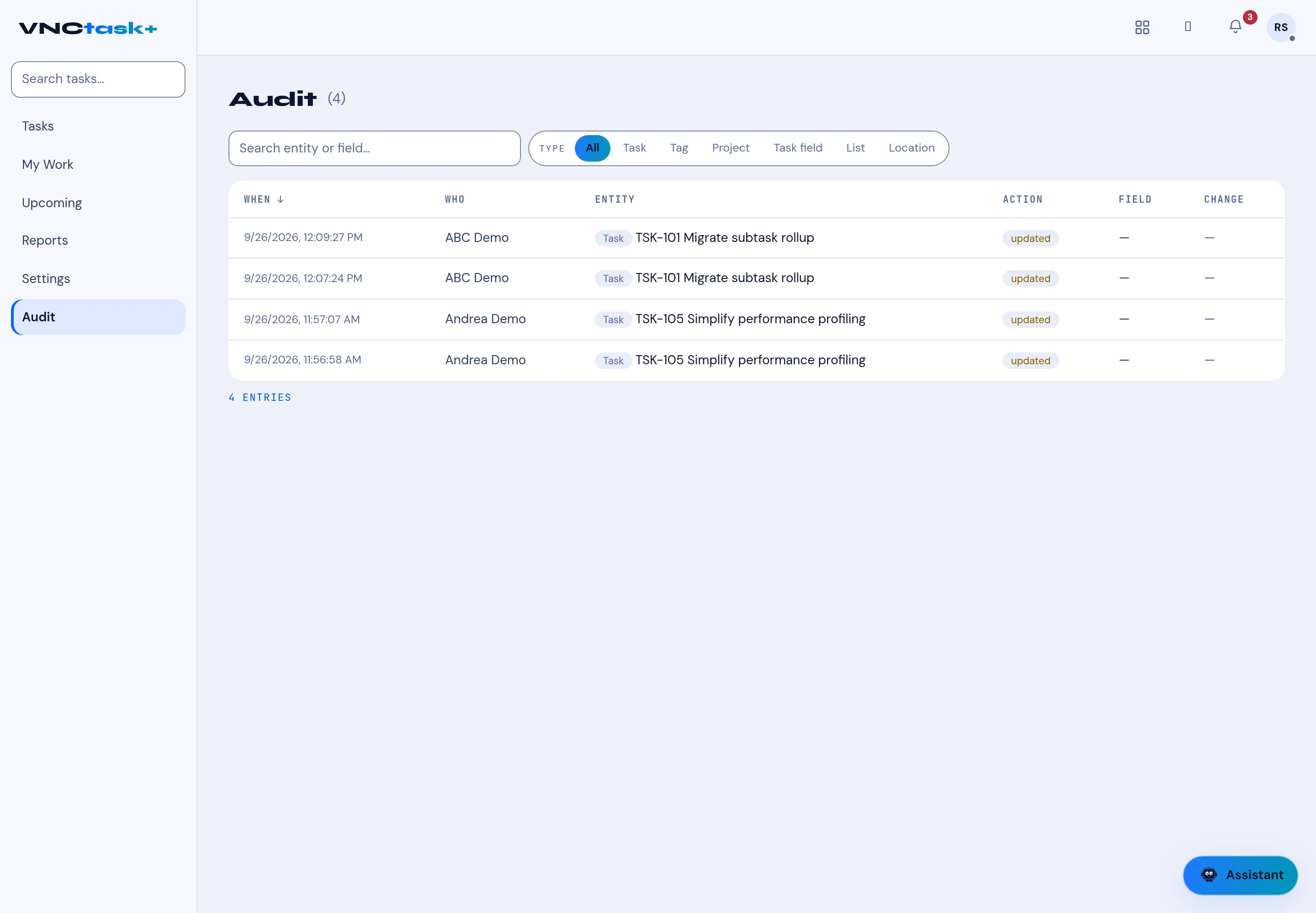 The VNCtask Audit log with When, Who, Entity and Action columns