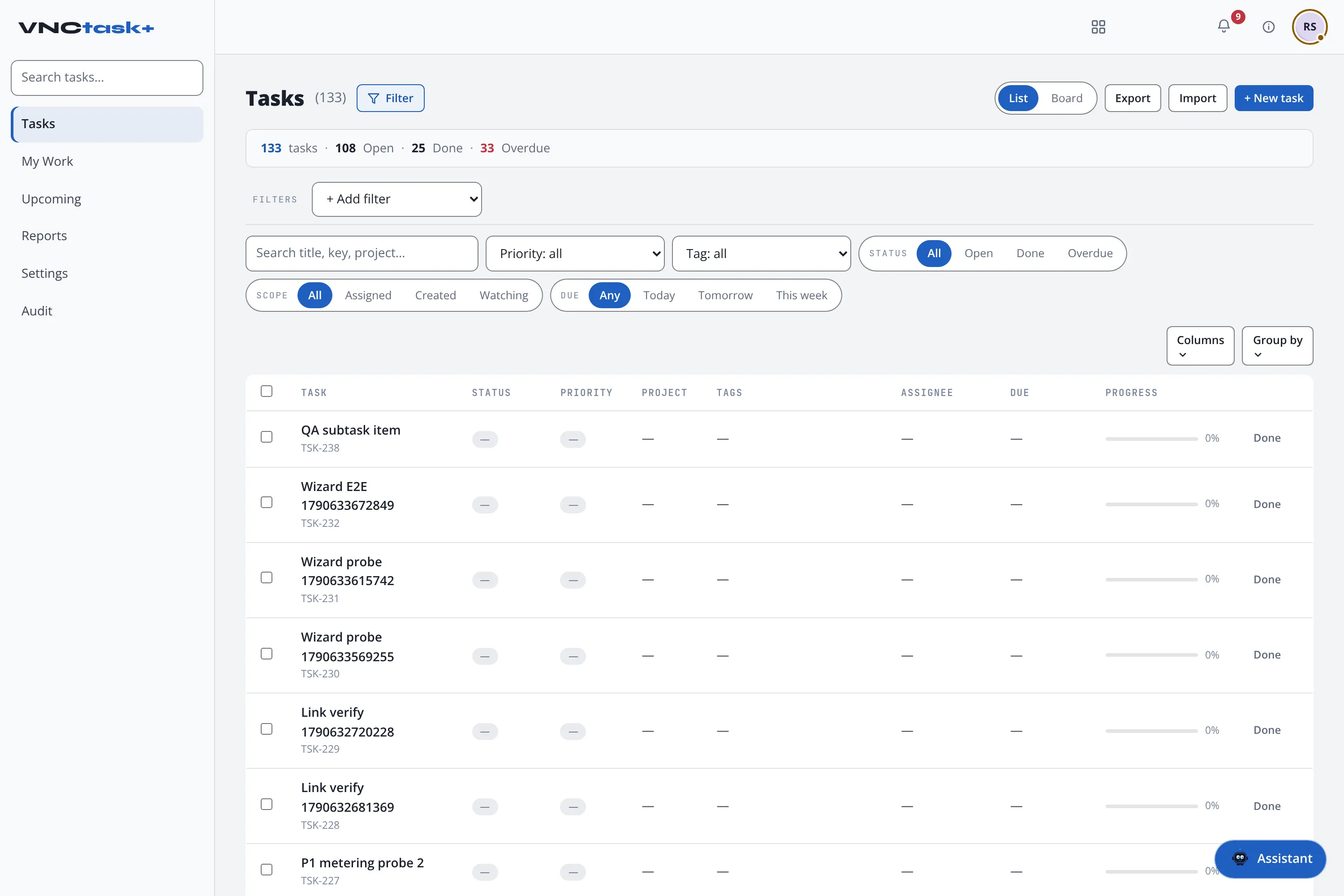 The VNCtask task list with its columns and filters