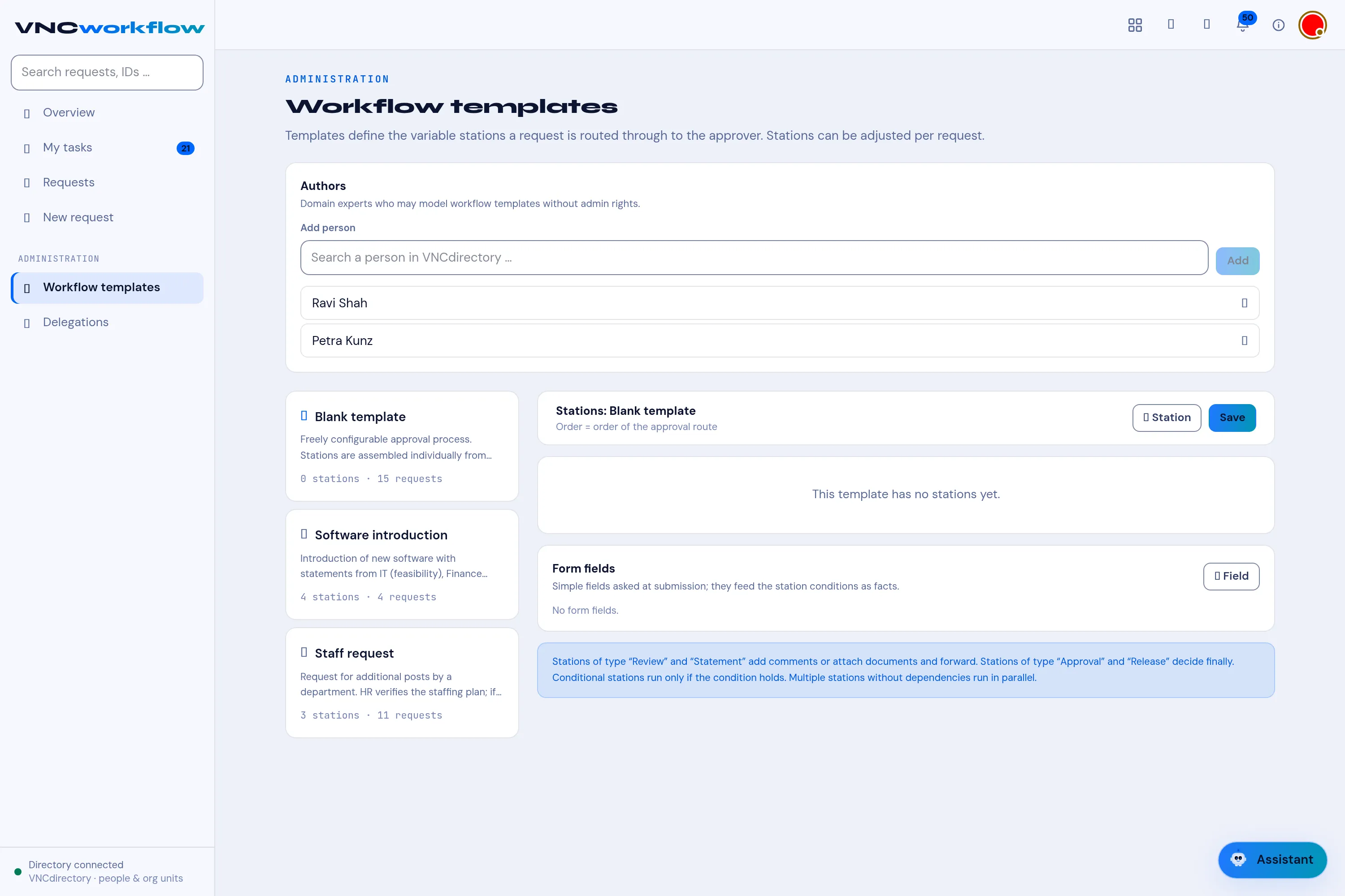 The Workflow templates editor: authors, the template list, the station route and form fields